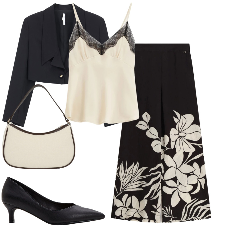 Outfit donna - Fiori di Sera: Eleganza in Black & White. Stile Minimal per Serata fuori. Abbinamento con décolleté, borse a tracolla, blazer, top, pantaloni a palazzo.