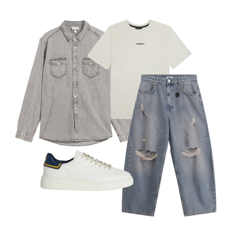Outfit uomo - Marzo. Stile Urban per Tutti i giorni. Abbinamento con camicie, sneakers, jeans strappati, t-shirt.