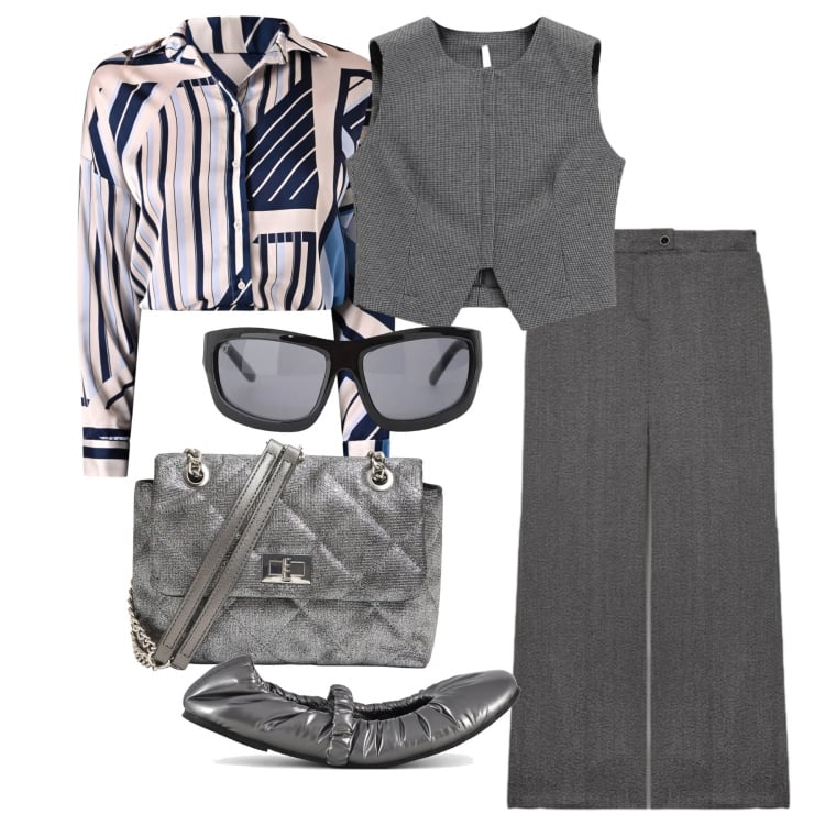 Outfit donna - Marzo. Stile Casual chic per Ufficio. Abbinamento con borse a tracolla, occhiali da sole, gilet, pantaloni, camicie, ballerine.