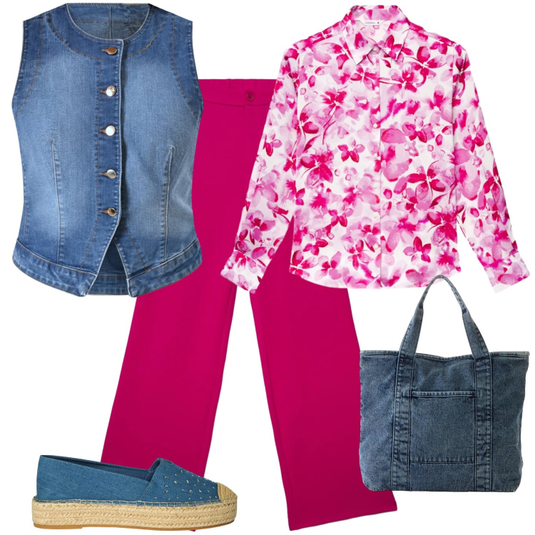 Outfit donna - Vibrazioni Floreali: Denim & Pop Pink. Stile Romantica per Tutti i giorni. Abbinamento con shopping bag, camicie, espadrillas, pantaloni, gilet.