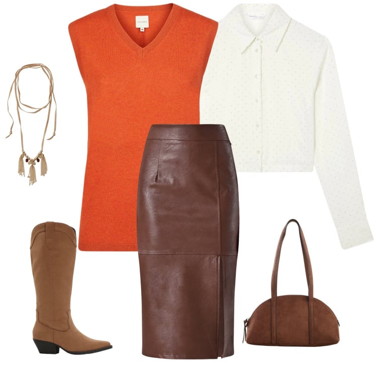 Outfit donna - Calore e Struttura. Stile Urban per Tutti i giorni. Abbinamento con stivali, borse a tracolla, camicie, collane, gonne longuette, maglieria.