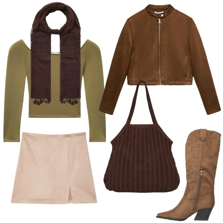 Outfit donna - Deserto safari. Stile Urban per Tutti i giorni. Abbinamento con foulard, t-shirt, minigonne, stivali, giacche, shopping bag.