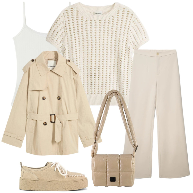 Outfit donna - Creamy Harmony. Stile Casual chic per Tutti i giorni. Abbinamento con bluse, trench, pantaloni, magliette intime, borse a spalla, mocassini.