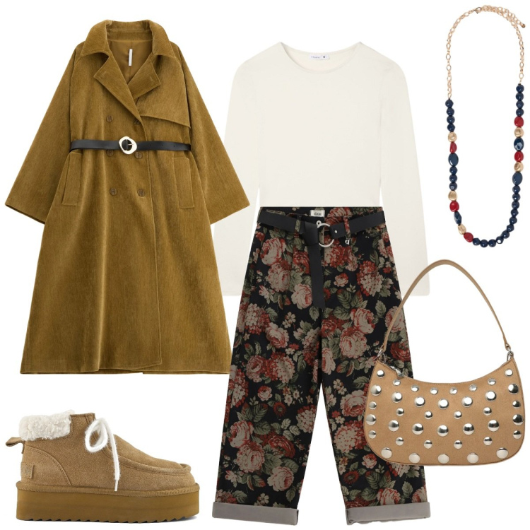 Outfit donna - Trench versatile. per Tutti i giorni. Abbinamento con borse a tracolla, t-shirt, trench, collane, pantaloni a palazzo, stivali.