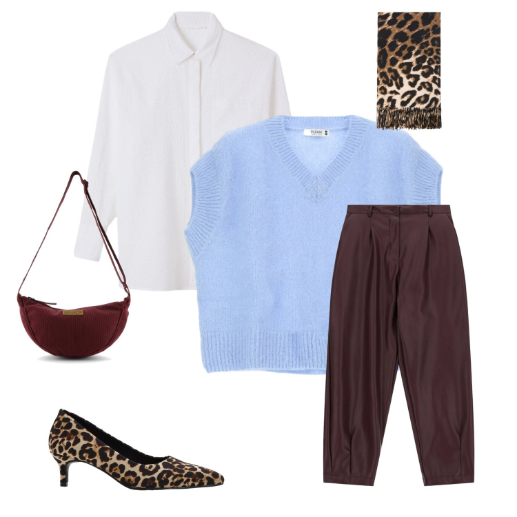 Outfit donna - Sky & Leopard. Stile Casual chic per Tutti i giorni. Abbinamento con décolleté, camicie, sciarpe, pantaloni, maglieria, borse a tracolla.