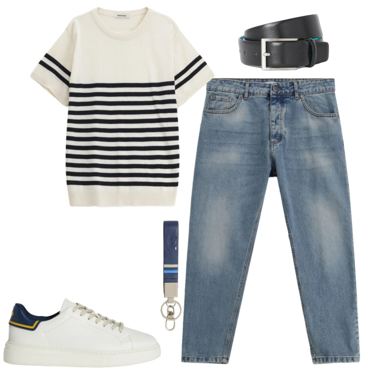 Outfit uomo - Spring. Stile Urban per Tutti i giorni. Abbinamento con sneakers, portachiavi, cinture, jeans, maglieria.