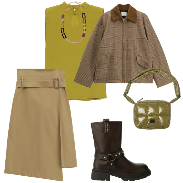 Outfit donna - Primavera e non. per Tutti i giorni. Abbinamento con stivali, collane, blazer, top, gonne longuette, borse a spalla.