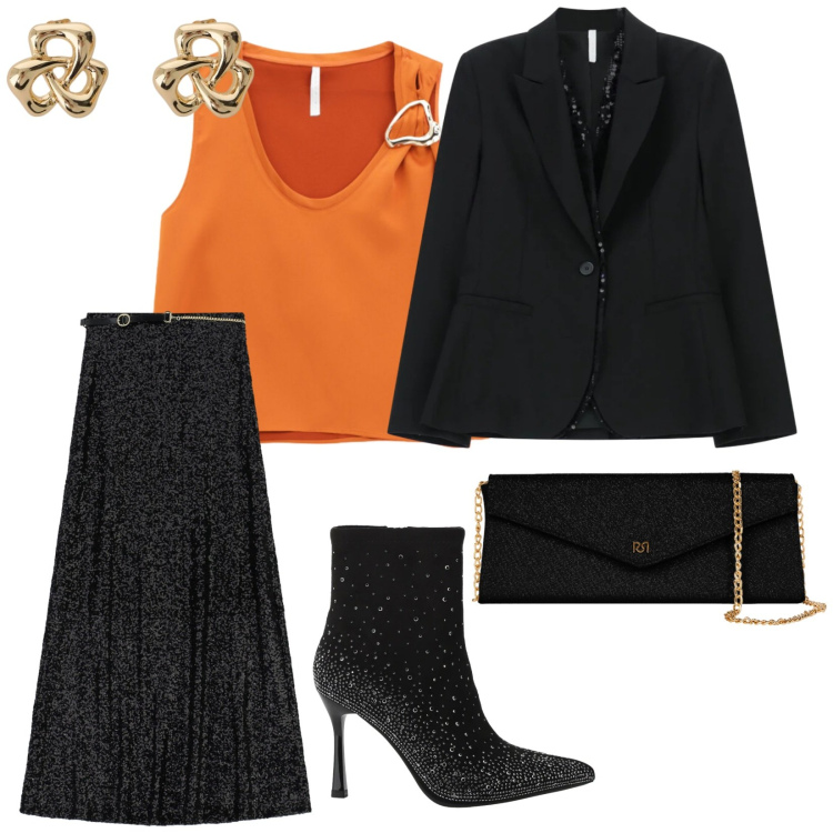Outfit donna - Cerimonia imperial. per Cerimonia. Abbinamento con gonne lunghe, blazer, top, stivaletti, orecchini, pochette.