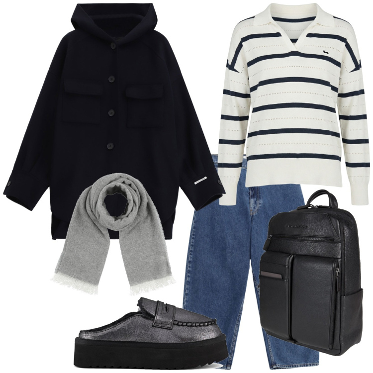 Outfit donna - Marzo in facoltà. Stile Casual per Scuola/Università. Abbinamento con zaini, sciarpe, maglieria, cappotti, jeans, mocassini.