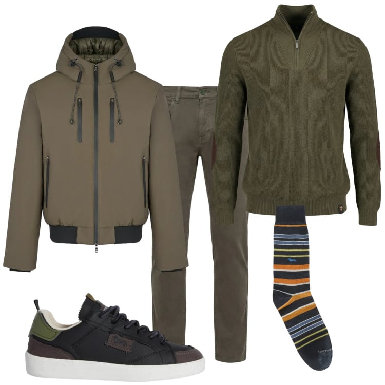 Outfit uomo - Verde oliva. Stile Casual per Tutti i giorni. Abbinamento con sneakers, pantaloni, calzini, maglieria, giacche.
