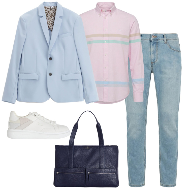 Outfit uomo - Sinfonia Pastello di Mezza Stagione. Stile Business/Elegante per Ufficio. Abbinamento con jeans slim fit, sneakers, borse sportive, camicie, giacche.