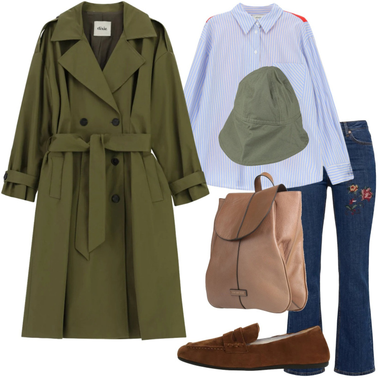 Outfit donna - Trench coat. Stile Trendy per Tutti i giorni. Abbinamento con zaini, cappelli, jeans, trench, mocassini, camicie.