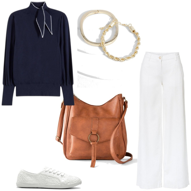 Outfit femme - Promenade à Deauville. Style Urban pour Tous les jours. Assortir avec pulls, pantalon large en bas, sacs en bandoulière, sneakers, bracelets.