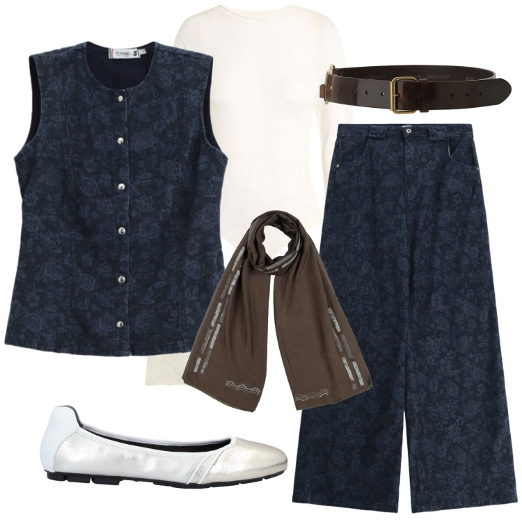 Outfit donna - Denim floreale. Stile Trendy per Tutti i giorni. Abbinamento con ballerine, sciarpe, body, cinture, jeans, gilet.