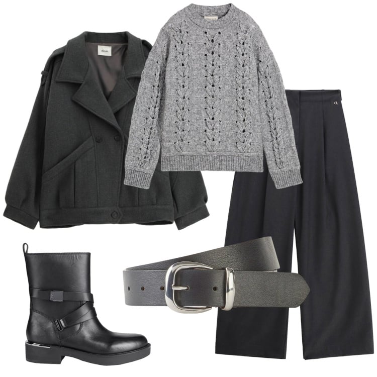 Outfit donna - Total look #2355431. Stile Basic per Ufficio. Abbinamento con stivaletti, cinture, maglieria, pantaloni a palazzo, blazer.