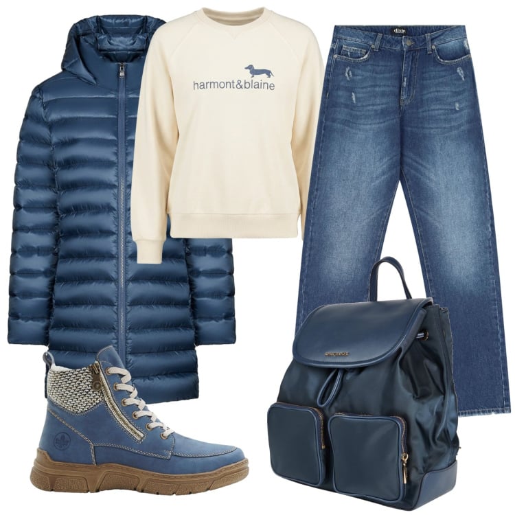 Outfit donna - Total look #2355449. Stile Casual per Tutti i giorni. Abbinamento con zaini, stivaletti, felpe, jeans dritti, piumini.