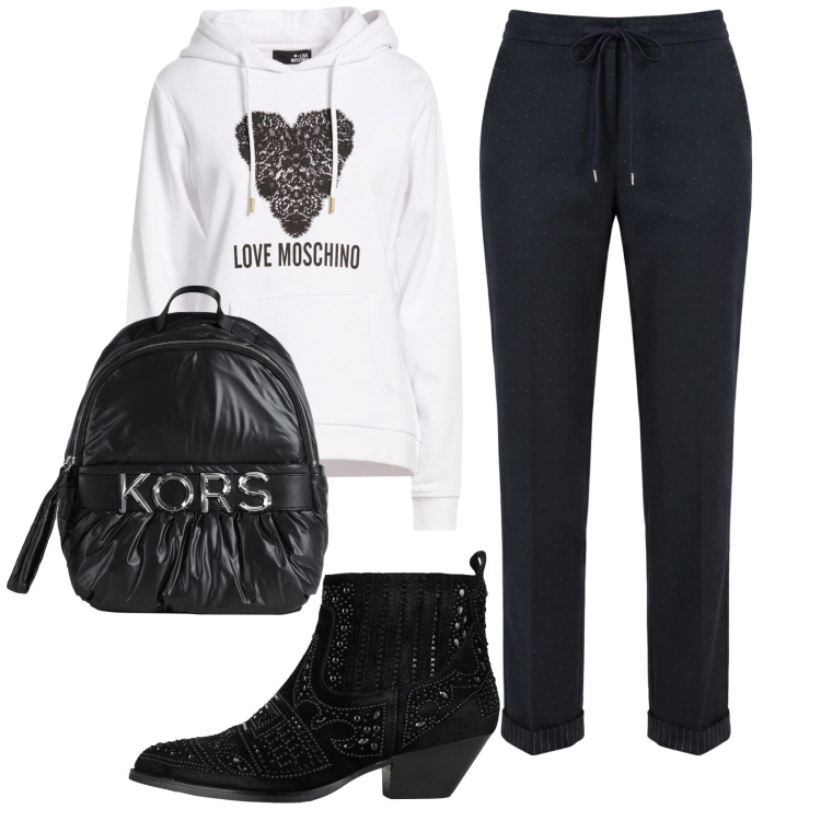 Outfit donna - Total look #2355483. Stile Casual chic per Scuola/Università. Abbinamento con zaini, felpe con cappuccio, stivaletti, pantaloni.