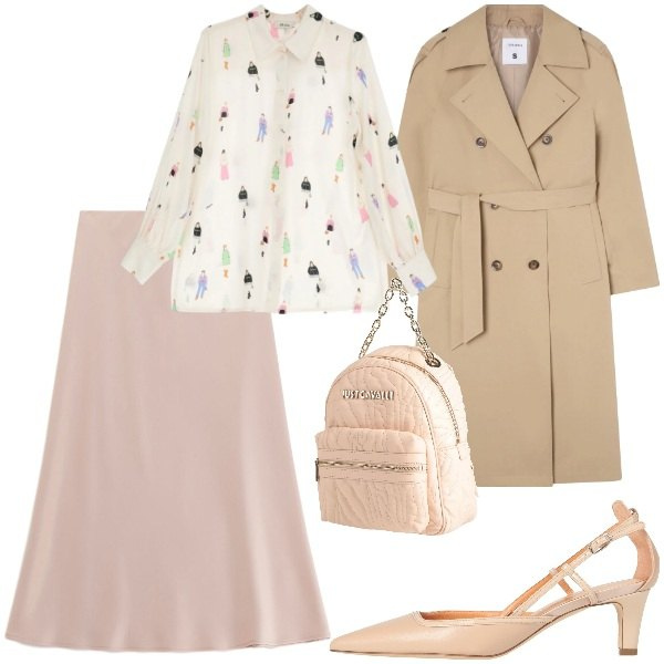 Outfit donna - Un trench a marzo - @susystyle. Stile Romantica per Ufficio. Abbinamento con décolleté, zaini, trench, gonne longuette, camicie.