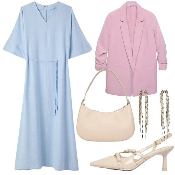 Outfit donna - Terranova - Desert Code. Stile Romantica per Tutti i giorni. Abbinamento con vestiti lunghi, décolleté, blazer, orecchini, borse a tracolla.