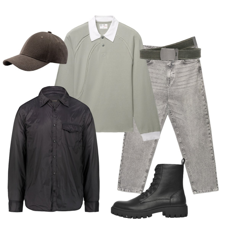 Outfit uomo - Total look #2355601. Stile Casual per Tutti i giorni. Abbinamento con cinture, anfibi, polo, jeans, giacche, cappelli con visiera.