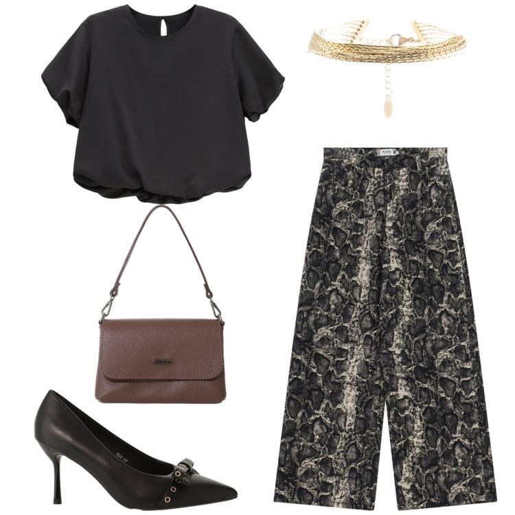 Outfit donna - Total look #2355675. Stile Chic per Serata fuori. Abbinamento con camicie a manica corta, décolleté, borse a tracolla, braccialetti, pantaloni a palazzo.