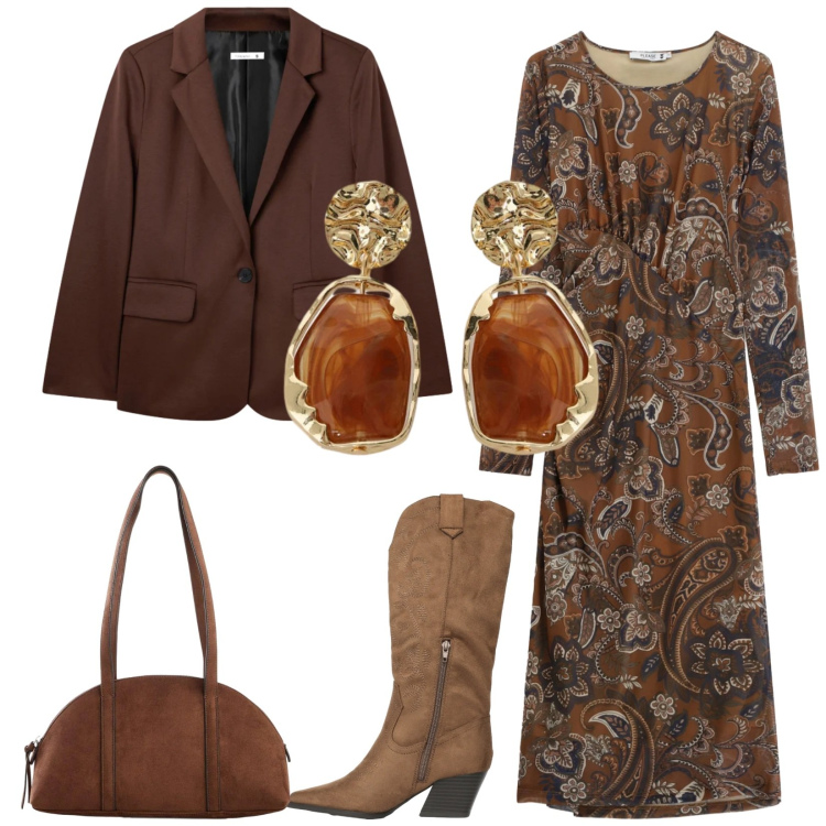 Outfit donna - Total look #2355684. Stile Chic per Tutti i giorni. Abbinamento con borse a tracolla, stivali, blazer, orecchini, vestiti midi/longuette.