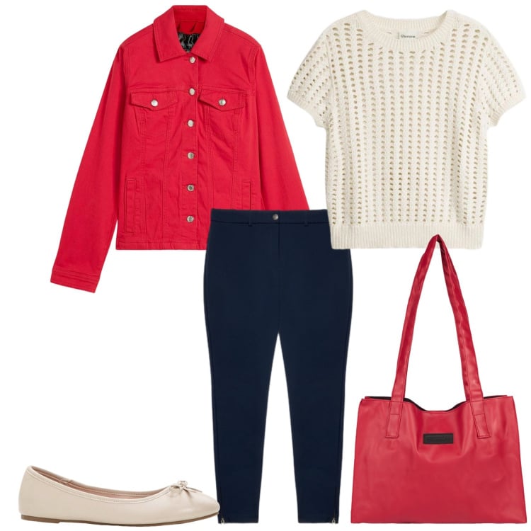 Outfit donna - Total look #2355705. Stile Casual chic per Tutti i giorni. Abbinamento con blazer, ballerine, bluse, pantaloni skinny, shopping bag.