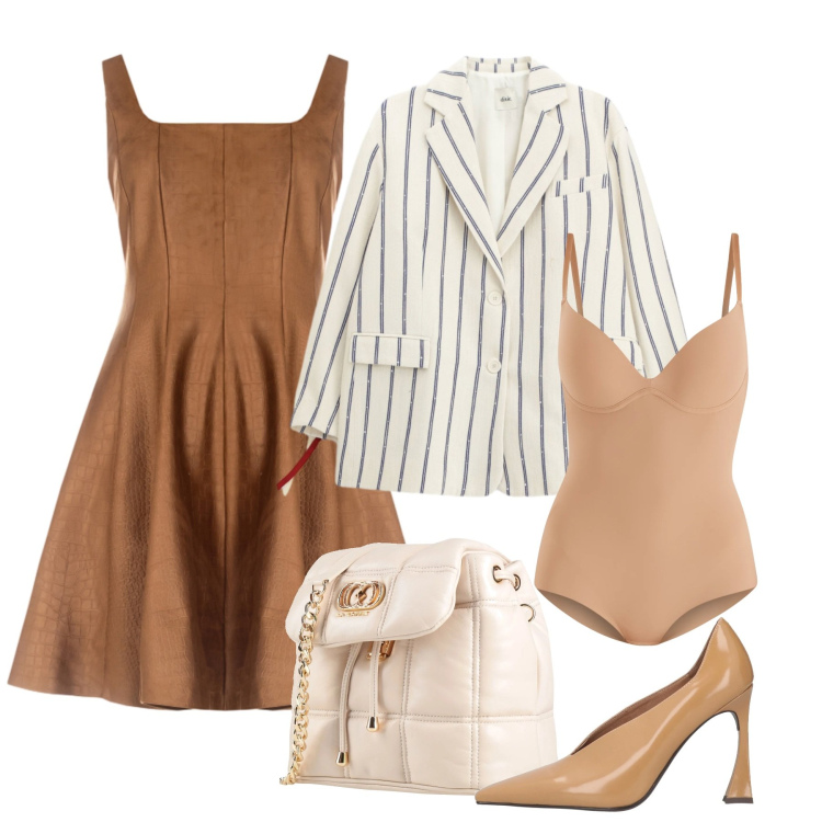 Outfit donna - Primavera che valorizza - Focus Donna Cu. Stile Chic per Ufficio. Abbinamento con décolleté, valigie, blazer, body, vestiti corti.