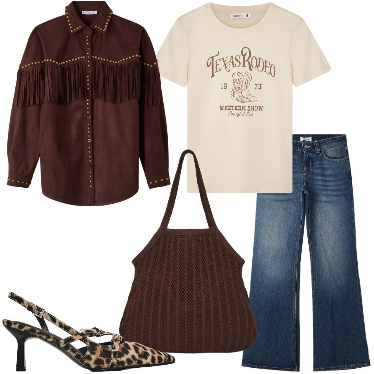 Outfit donna - Terranova - Desert Code. Stile Trendy per Serata fuori. Abbinamento con camicie, t-shirt, shopping bag, jeans, décolleté.
