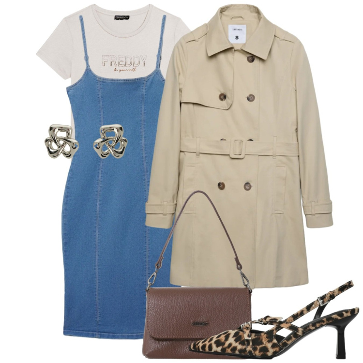 Outfit donna - Primavera che valorizza - Focus Donna Cu. Stile Chic per Tutti i giorni. Abbinamento con trench, décolleté, vestiti midi/longuette, orecchini, borse a tracolla, t-shirt.