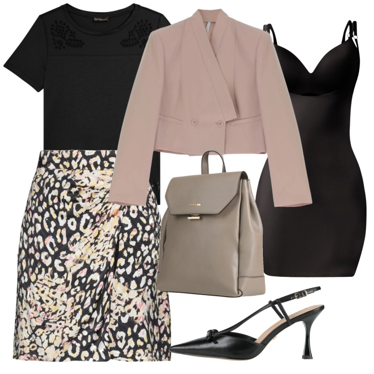 Outfit donna - Primavera che valorizza - Focus Donna. Stile Chic per Tutti i giorni. Abbinamento con minigonne, zaini, décolleté, blazer, t-shirt, sottovesti.
