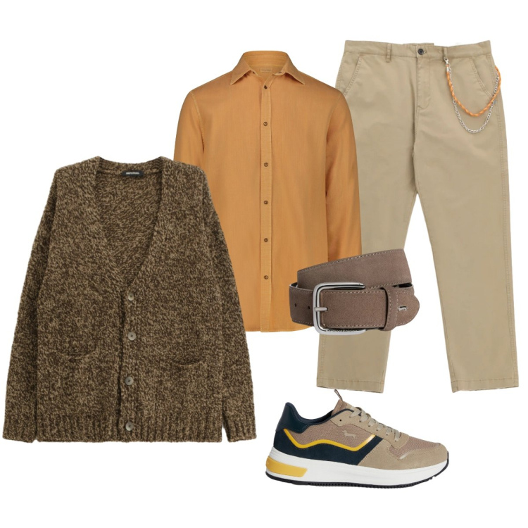 Outfit uomo - In ufficio. Stile Casual per Ufficio. Abbinamento con sneakers, cinture, cardigans, pantaloni, camicie.