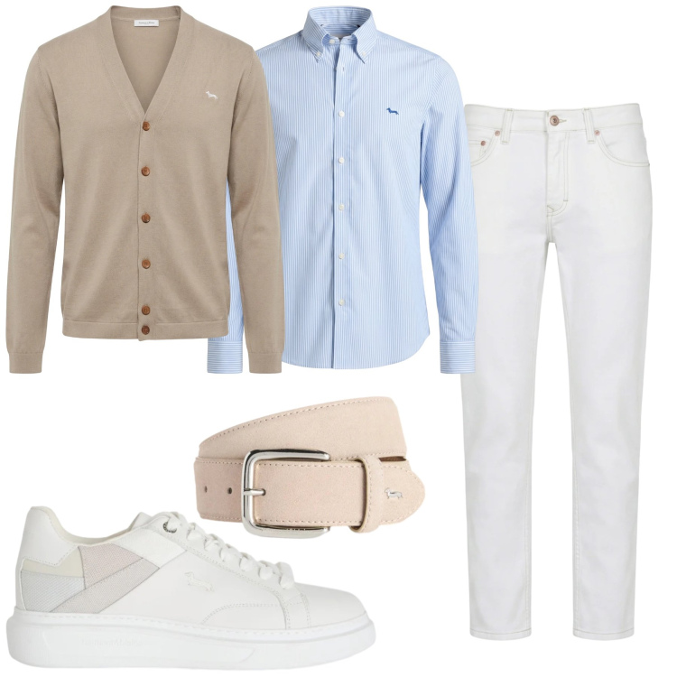 Outfit uomo - White Denim & Earth Tones. Stile Trendy per Tutti i giorni. Abbinamento con cardigans, sneakers, jeans, cinture, camicie.