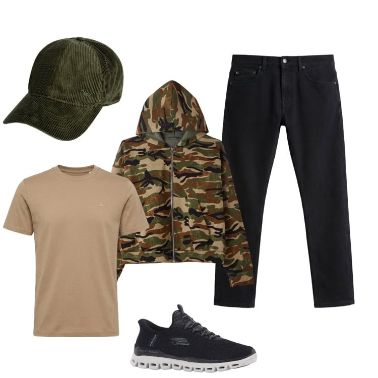 Outfit uomo - Passeggiata domenicale. Stile Urban per Tutti i giorni. Abbinamento con sneakers, jeans, t-shirt, cappelli con visiera, felpe con cappuccio.