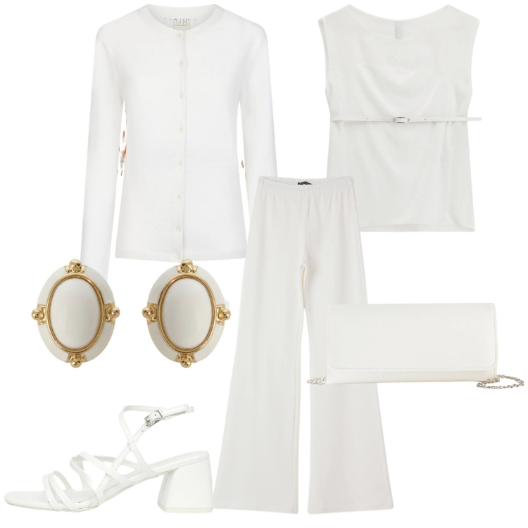 Outfit donna - Total look #2355743. Stile Bon Ton per Cerimonia. Abbinamento con pochette, top, pantaloni, sandali col tacco, orecchini, cardigans.