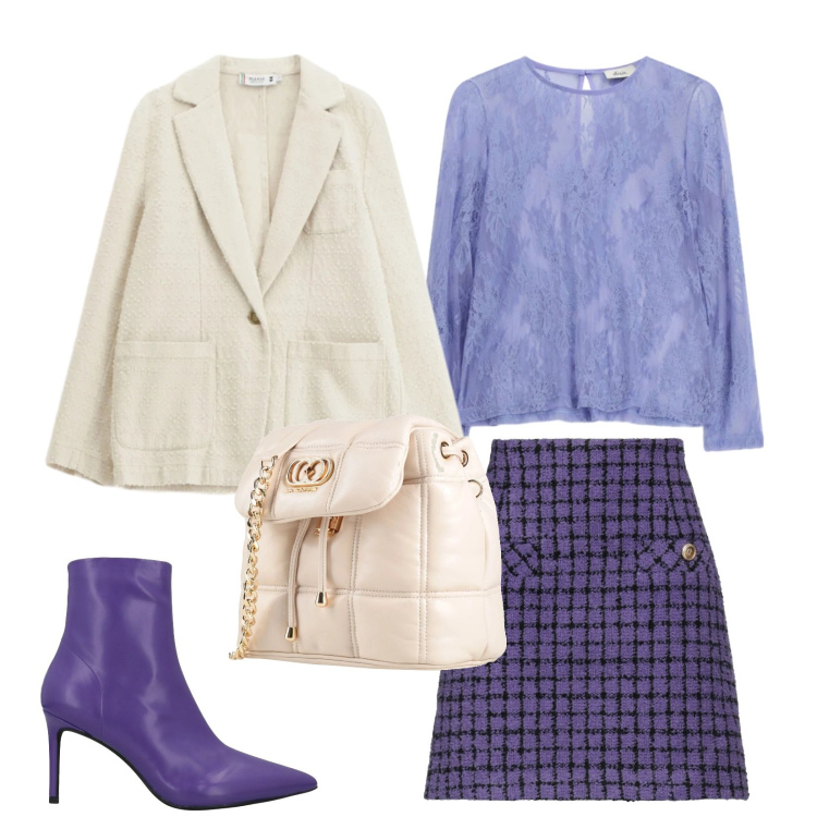 Outfit donna - Total look #2355745. Stile Glamour per Serata fuori. Abbinamento con minigonne, valigie, stivaletti, top, blazer.