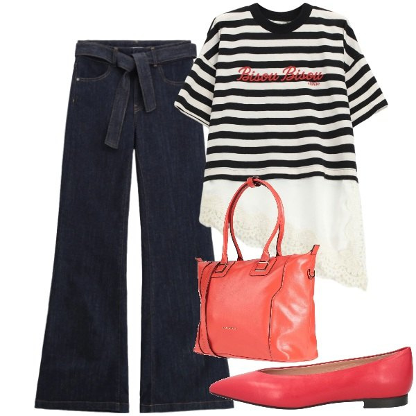 Outfit donna - Tutti in riga. Stile Minimal per Tutti i giorni. Abbinamento con zaini, ballerine, t-shirt, jeans a zampa.