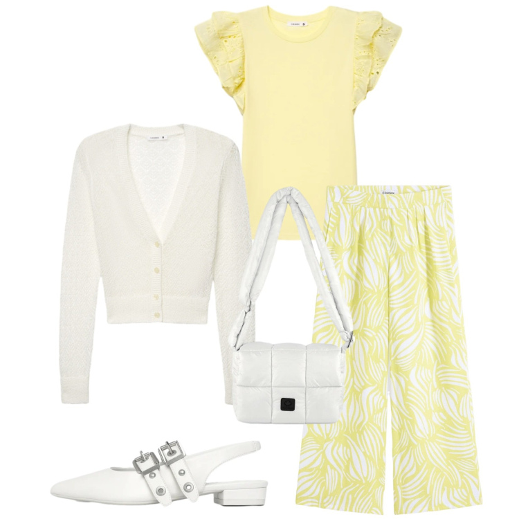 Outfit donna - Total look #2355749. Stile Casual chic per Tutti i giorni. Abbinamento con pantaloni a palazzo, cardigans, ballerine, t-shirt, borse a spalla.