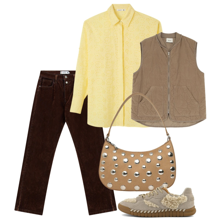 Outfit donna - Primavera. Stile Basic per Tutti i giorni. Abbinamento con camicie, borse a tracolla, gilet, pantaloni, sneakers.