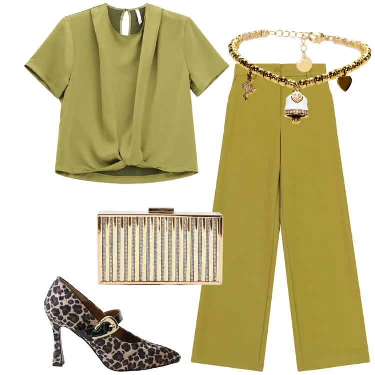 Outfit donna - Total look #2355753. Stile Chic per Cerimonia. Abbinamento con bluse, décolleté, pantaloni a palazzo, braccialetti, clutch.