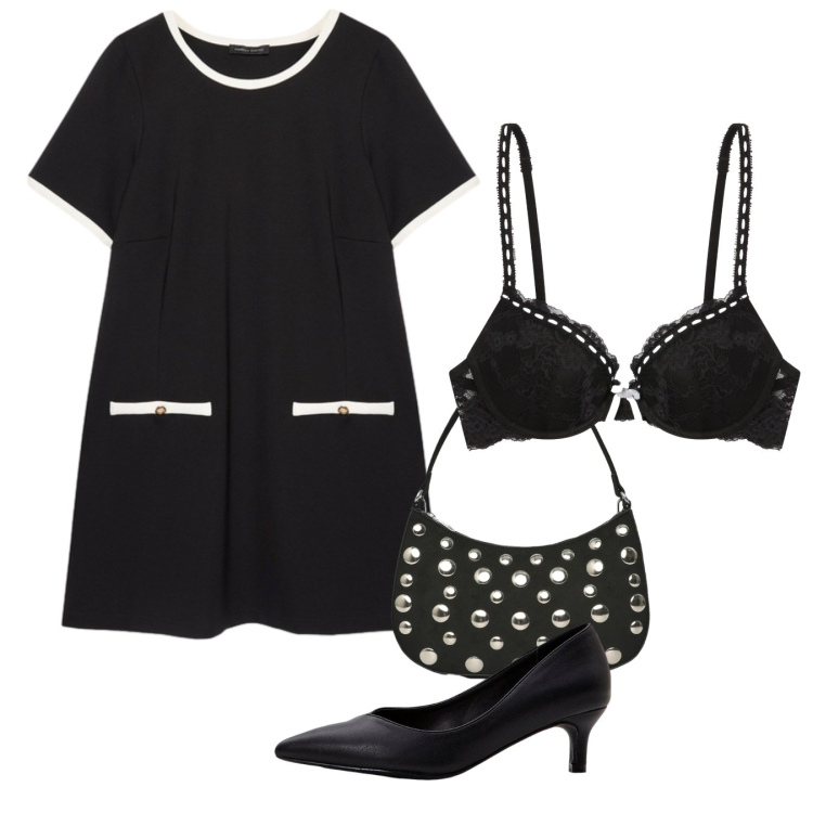 Outfit donna - Primavera. Stile Bon Ton per Tutti i giorni. Abbinamento con décolleté, reggiseni push-up, borse a tracolla, vestiti corti.