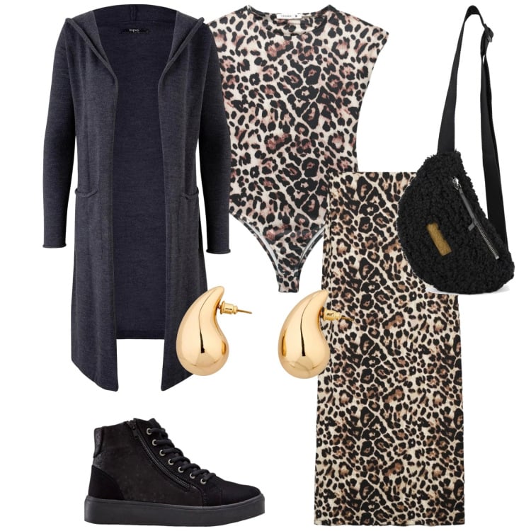 Outfit donna - Total look #2355755. Stile Glamour per Tutti i giorni. Abbinamento con cardigans, sneakers alte, orecchini, top, gonne lunghe, marsupi.