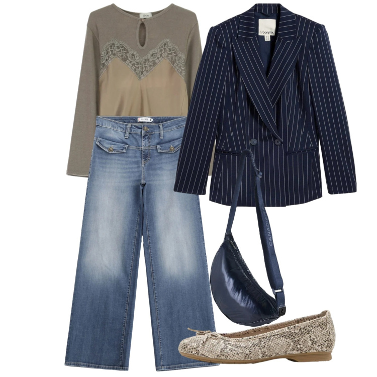 Outfit donna - Marzo gessato. Stile Casual chic per Tutti i giorni. Abbinamento con blazer, ballerine, maglieria, jeans, borse a tracolla.