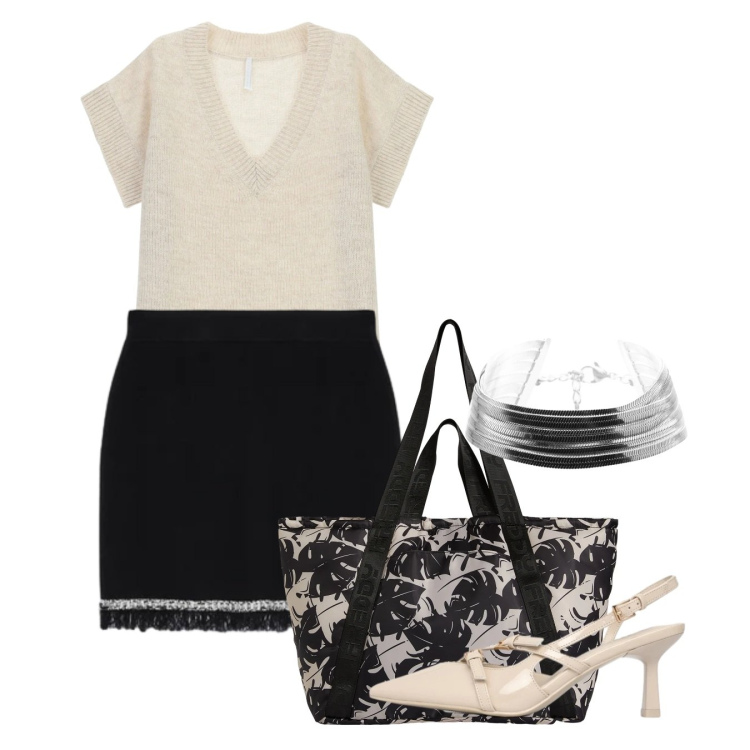 Outfit donna - Bianco e nero. Stile Bon Ton per Tutti i giorni. Abbinamento con décolleté, maglieria, minigonne, braccialetti, shopping bag.