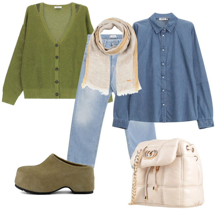 Outfit donna - Casual e trendy. Stile Casual per Tutti i giorni. Abbinamento con valigie, sciarpe, cardigans, jeans, camicie, zoccoli.