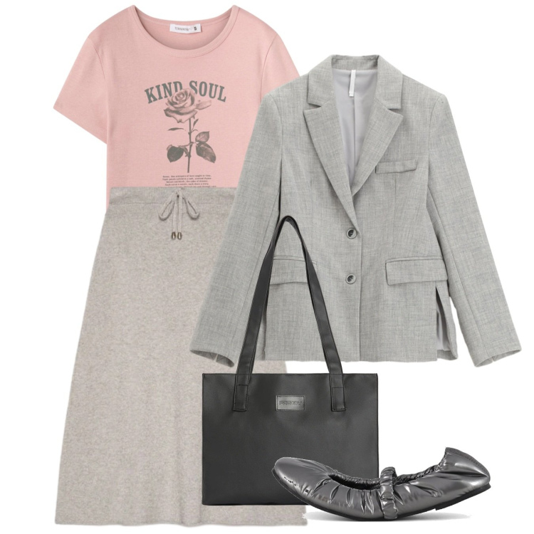 Outfit donna - Marzo. Stile Basic per Tutti i giorni. Abbinamento con t-shirt, blazer, gonne longuette, shopping bag, ballerine.