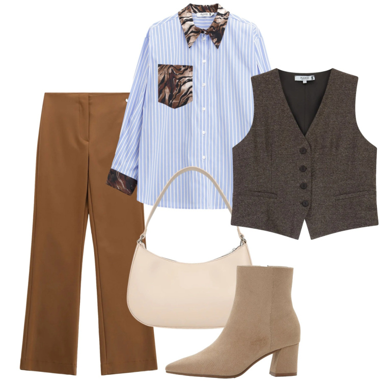 Outfit donna - Day spring. Stile Casual per Tutti i giorni. Abbinamento con stivaletti, borse a tracolla, pantaloni, camicie, gilet.