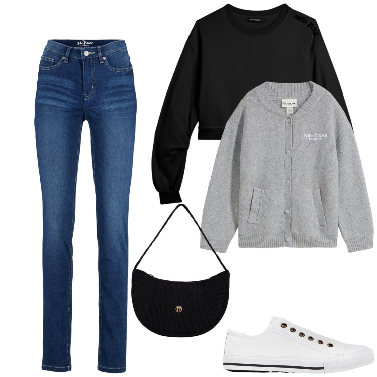Outfit donna - Total look #2355768. Stile Casual per Tutti i giorni. Abbinamento con cardigans, jeans, sneakers, borse a mano, felpe.