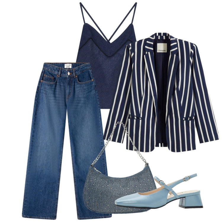 Outfit donna - Aperitivo a marzo. Stile Casual chic per Tutti i giorni. Abbinamento con blazer, décolleté, jeans, borse a tracolla, top.