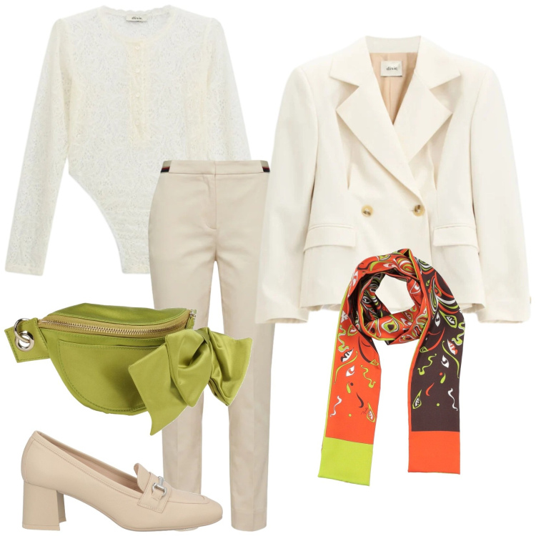 Outfit donna - Chiaro e allegria. Stile Glamour per Cerimonia. Abbinamento con mocassini, marsupi, sciarpe, pantaloni chino, blazer, body.